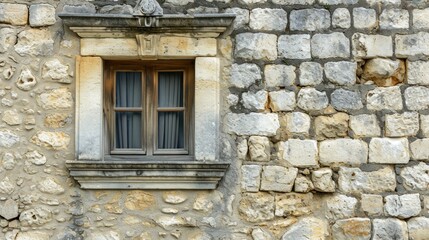  a stone building with a window and a bird sitting on the ledge of the window and a bird sitting on the ledge of the window sill above the window.