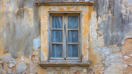  a window on the side of a building with peeling paint and a curtain hanging off the side of the window and a cat sitting on the side of the window sill.