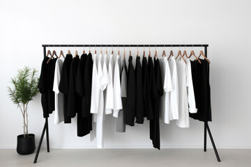 Stylish Wardrobe: A Fashionable Collection of White Clothes on Wooden Racks in a Modern Boutique - obrazy, fototapety, plakaty