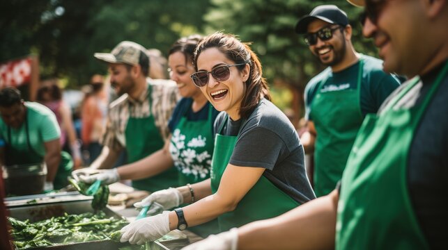 Joyful Volunteers Serving Food at Community Event in Sunlit Park