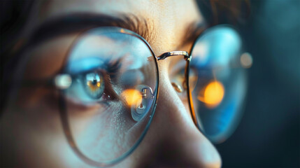 close-up portrait of a woman in glasses with reflection of a computer screen with graphs and tables.  - 714384691