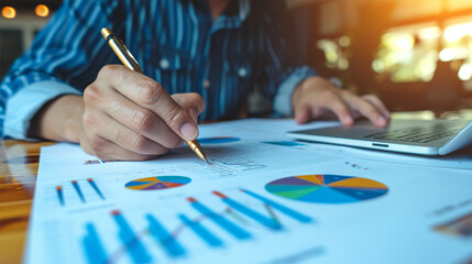 Business man working manually on graphs and tables on paper at an office desk in an office with a laptop,. 