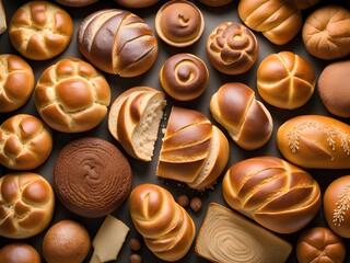 Fototapeta premium Bread background, top view of white, black and rye loaves on black