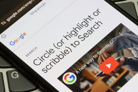 Portland, OR, USA - Jan 20, 2024: Introduction to Circle (or highlight or scribble) to Search is seen on Google's blog. Circle to Search is a new way to search on android phones with a simple gesture.