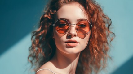 Portrait of beautiful young woman with red hair and sunglasses on blue background