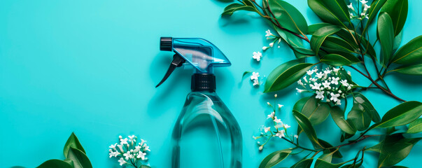 Blank plastic spray detergent bottle and spring flowers on blue background. Springtime flat lay composition. Spring cleaning and hygiene concept. Minimalistic design for banner, poster with copy space - obrazy, fototapety, plakaty