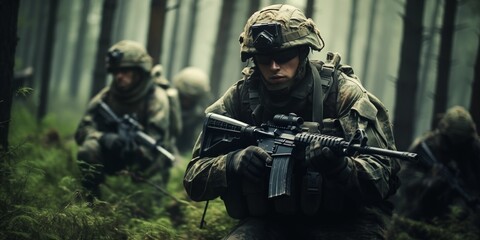 soldiers on a combat mission - obrazy, fototapety, plakaty