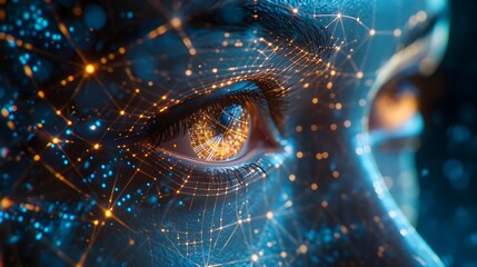 Futuristic Fusion: Close-Up of a Human Cyborg Face with Intricate Meshgrid Detailing, Showcasing Advanced Technology and Human-AI Integration