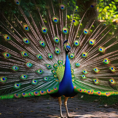 Obraz premium Peacock Proudly Strutting in a Garden - High Feathers Display