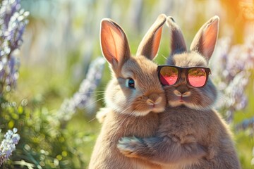Fototapeta na wymiar Two cute Easter bunnies hugging each other.
