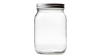 A transparent glass jar with a metallic lid, suitable for storing various items.