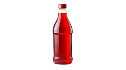 A bottle of red liquid on a white background, showcasing a vibrant and captivating hue.	
