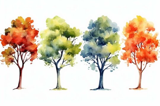 Watercolor tree illustration isolated on white background with various elements of wind, apple, oak, maple, and poplar in summer. Generative AI