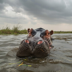 Content Hippopotamus Submerged in a River - Water Tranquility