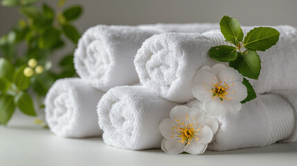 Towels with flowers on white table, closeup. Spa concept