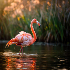 Elegant Flamingo Standing in a Lake - Reeds and Reflections