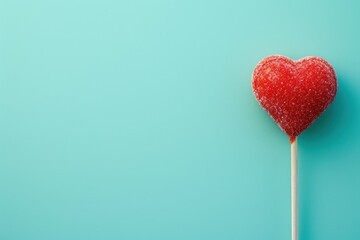 Heart shaped red candy on a stick on mint background with copy space. Symbol of love. Sweet assorted candy on mint green background. Delicious romantic Valentine's Day gift.