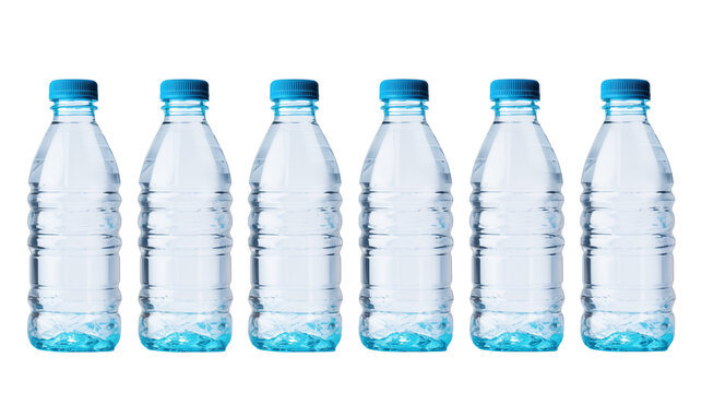 Six plastic bottles with blue caps on a white background.	
