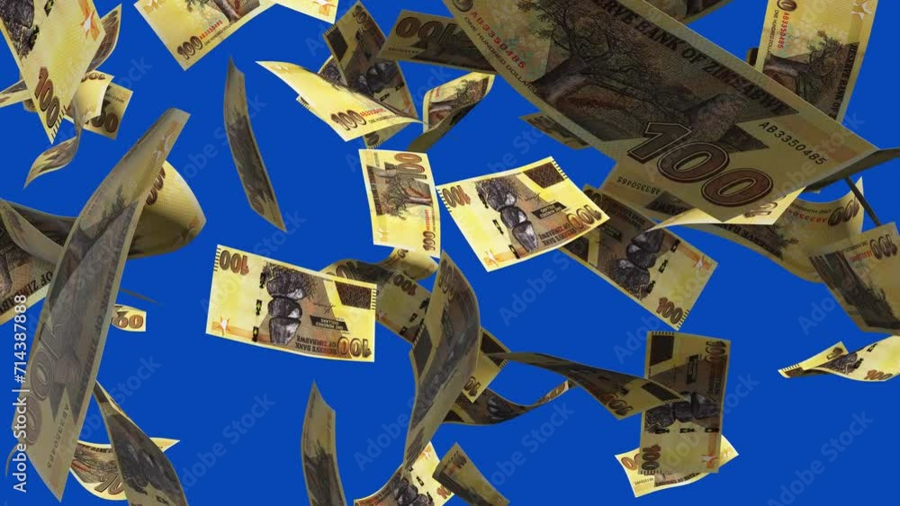 Poster 3d animation of zimbabwean dollar notes falling on green screen. you can remove the background by ke