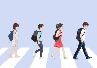 Naklejka premium 横断歩道を歩く四人の子供イラスト