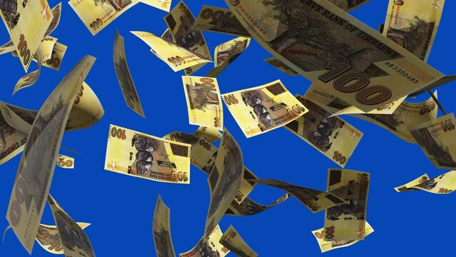 3D animation of Zimbabwean dollar notes Falling On Green screen. You can remove the background by keying or subtracting with the black and white matte to replace with a custom one
