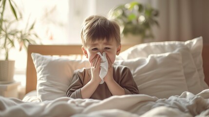 a little caucasian boy feeling ill in bed at home and blowing his nose.