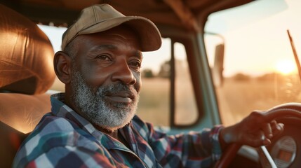 Portrait of confident senior male farmer driving farm tractor in sunny day