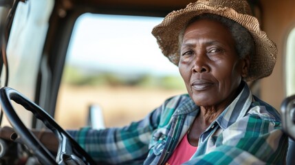 Portrait of confident senior female farmer driving farm tractor in sunny day