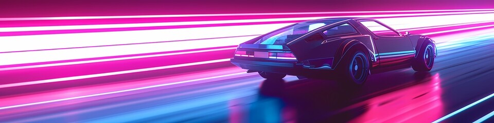 Retro Sythwave 80s style pink car motor transportation Ultrawide background - Generative ai