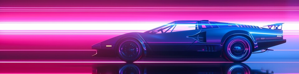 Retro Sythwave 80s style pink car motor transportation Ultrawide background - Generative ai