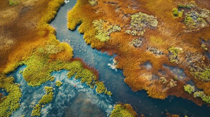 Fototapeta premium a bird's eye view of a river running through a land covered in brown and green grass and trees, with a blue body of water in the foreground.