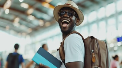 Travel, white airport and excited young black man with passport. Backpack person with identity document search for international registration. - obrazy, fototapety, plakaty