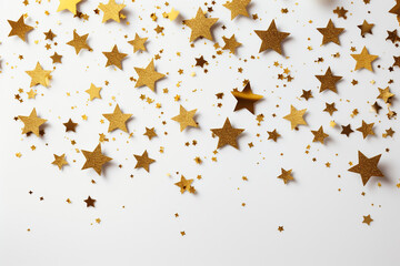 Gold stars confetti on white background. Flat lay, top view