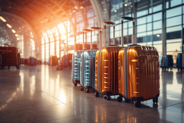 Luggage in airport terminal. Travel and tourism concept. 3D Rendering