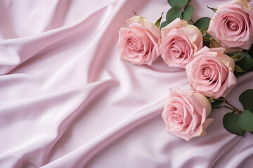 Beautiful pink roses on pink satin cloth background, top view