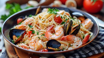  a bowl of pasta with shrimp, mussels, tomatoes, and parmesan cheese on a checkered cloth with tomatoes and parsley in the background.