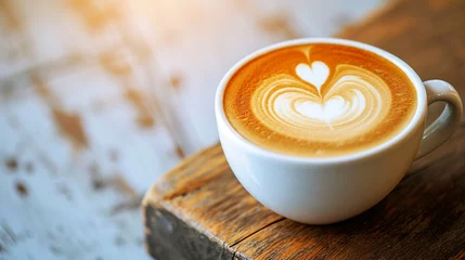Foto op Plexiglas Close up white coffee cup with heart shape latte art foam on black wood table. Ai Generative © we3_food
