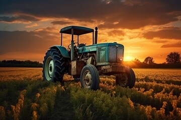 Modern heavy tractor on the barley field in golden sky sunset view. Generate AI image