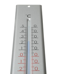 Modern grey weather thermometer on white background, closeup