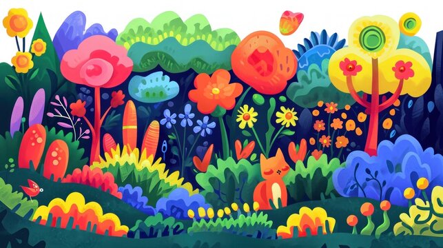  a painting of a colorful forest with lots of flowers and a butterfly flying over the top of the trees and flowers on the bottom right side of the picture is a white background.