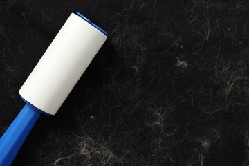 Lint roller and pet hair on black fabric, top view. Space for text
