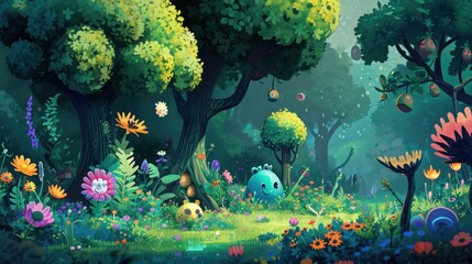  a painting of a green forest with lots of flowers and plants in the foreground and a blue bird in the middle of the forest on the right side of the picture.