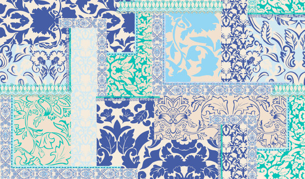 patchwork floral pattern with paisley and indian flower motifs. damask style pattern for textil and decoration