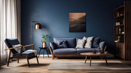 Interior of living room with comfortable sofa, floor lamp and table with flowers near blue wall
