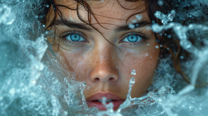 A mesmerizing close-up image of a woman's face in splashes of water. Mystical mysterious artwork. Intricate details and soft lighting. A magical and dreamlike atmosphere.