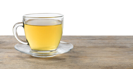 Refreshing green tea in cup on wooden table against white background