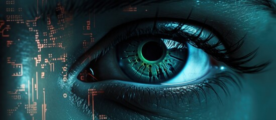 Closeup eye retina with digital biometrics technology graphic element. Generate AI image - obrazy, fototapety, plakaty