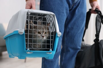 Travel with pet. Man holding carrier with cute cat and bag indoors, closeup © New Africa