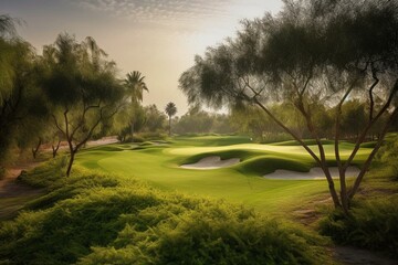 A peaceful golf course surrounded by lush greenery. Generative AI