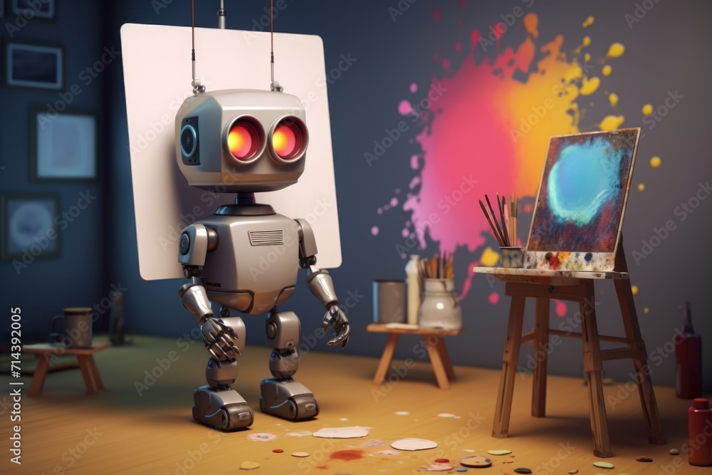Poster concept of generative ai art technology, robot painting picture in studio. comeliness